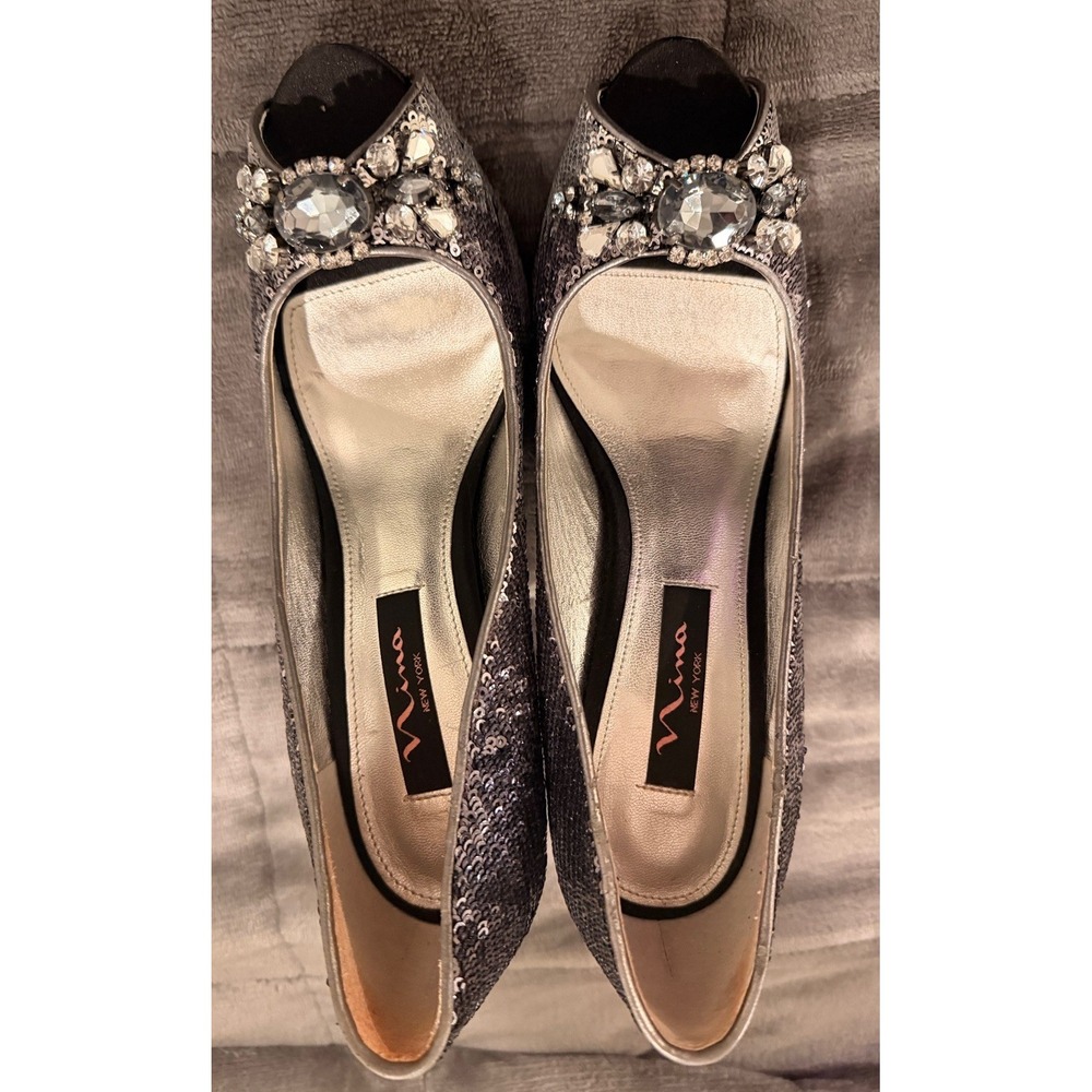 Nina Womens Peep Toe Slip-On Stiletto Sequin Rhinestone Silver/Black US 8 EU 38
